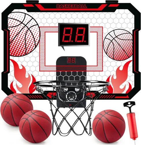 Vista 10 de VROGTIK Aro de baloncesto interior para niños con luces LED, mini aro de baloncesto con control remoto sobre la puerta, aros de baloncesto