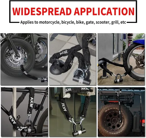 Vista 7 de Candado antirrobo AKM para bicicleta de 3 pies/90 cm de largo, candado de cadena resistente de 10 mm de espesor con 4 llaves, seguridad de 16 mm