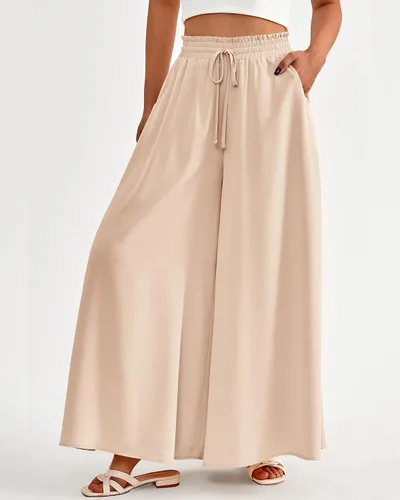 Vista 3 de BTFBM Pantalones casuales de cintura alta y pierna ancha para mujer, diseño floral, lisos, largos, palazzo, para descansar, playa, con bolsillo