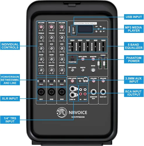 Vista 5 de NBVOICE Sistema PA integrado de 2 vías profesional portátil todo en uno, configuración fija, diseño de maleta con mezclador de 8 canales, 2 soportes