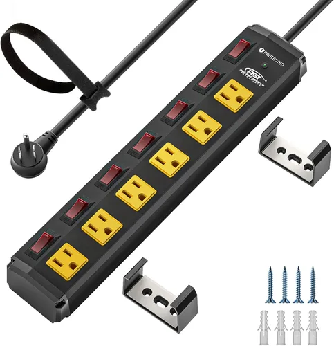 Vista 10 de CRST Regleta de alimentación de metal de 6 tomas con interruptores individuales, protector contra sobretensiones montable para garaje, taller