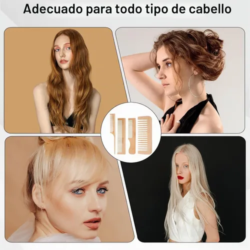 Vista 3 de Juego de 4 peines de madera para el cabello, peine de dientes anchos de madera, hecho a mano, de bambú, antiestático, para cabello rizado, grueso