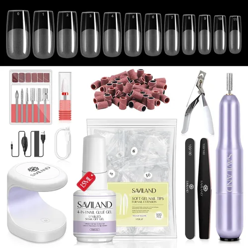 Vista 31 de Saviland Kit de iniciación de uñas acrílicas: polvo y líquido acrílico rosa claro nude, cepillo, limas, formularios, uñas a presión, juego