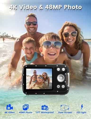 Vista 2 de Cámara subacuática 4K 48MP Autofocus Selfie Cámara impermeable de doble pantalla con correa flotante y tarjeta de 32 GB, cámara digital compacta