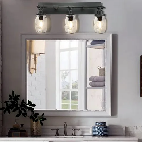 Vista 7 de Lámpara de pared para baño, lámpara industrial de tarro de masón, aplique de pared con acabado negro (3 luces)