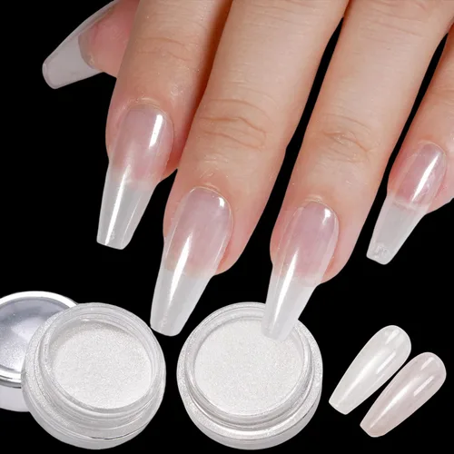 Vista 14 de 2 piezas de polvo de uñas cromo blanco lunar, polvo de brillo de uñas efecto espejo perlado mágico, pigmento cromo perla para decoración de uñas 2
