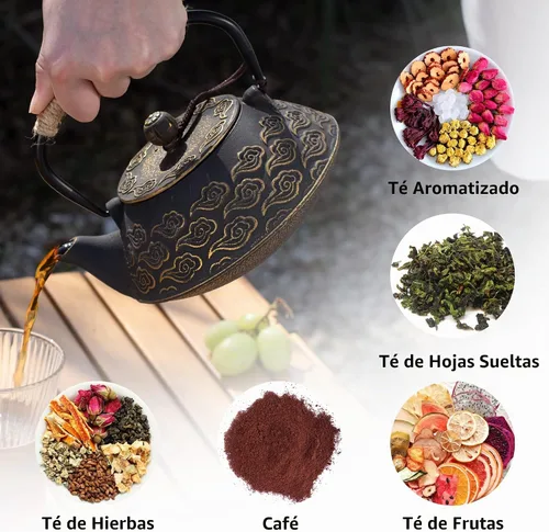 Vista 3 de Tetera de hierro fundido, tetera japonesa con infusor para hojas sueltas, tetera para estufa de té, cubierta segura con interior esmaltado