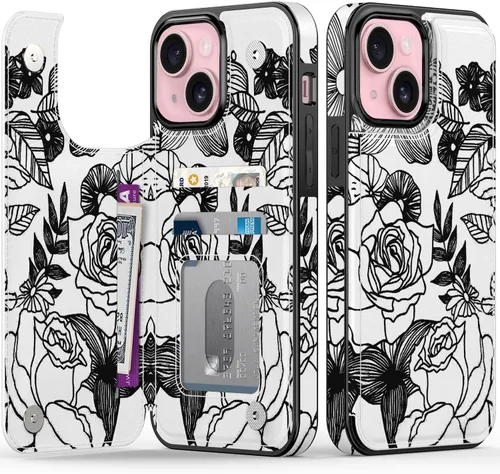 Vista 47 de FUNMIKO Funda tipo cartera para iPhone 15 con tarjetero + clip para efectivo, bloqueo RFID, protección contra caídas de grado militar y obras