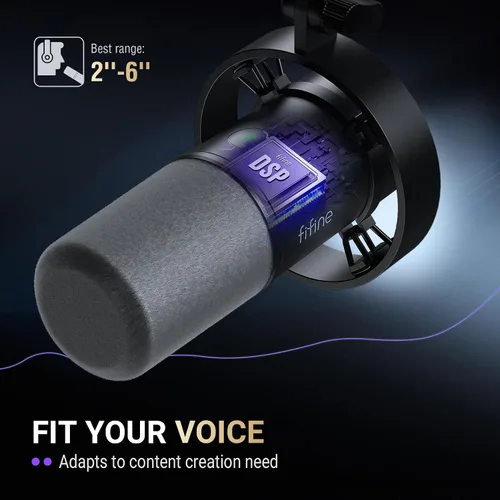 Vista 10 de FIFINE Micrófono Dinámico, XLR/USB Micrófono de PC para Grabación de Podcast para Transmisión de Locución Vocal, Micrófono de Metal de Estudio