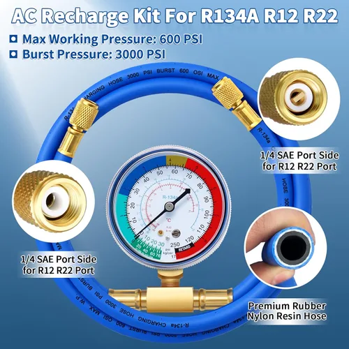 Vista 4 de Manguera de recarga de refrigerante R134a con calibre, kit de recarga de freón para refrigerador A/C R134A con válvulas de perforación de bala