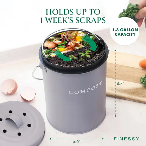 Vista 6 de FINESSY - Cubo de compost interior sin olor para cocina con tapa para compostar residuos de alimentos, cubo de compost de cocina de acero inoxidable