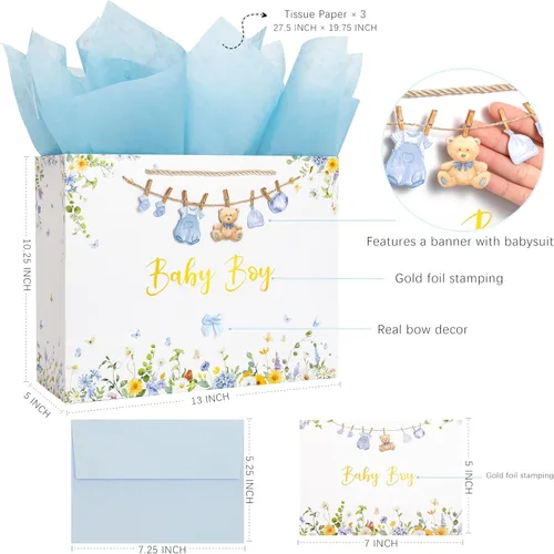 Vista 2 de Crisky Bolsa de regalo grande de 13" para niño con papel de seda, tarjeta de regalo y lazo para decoración de baby shower y cumpleaños de niño