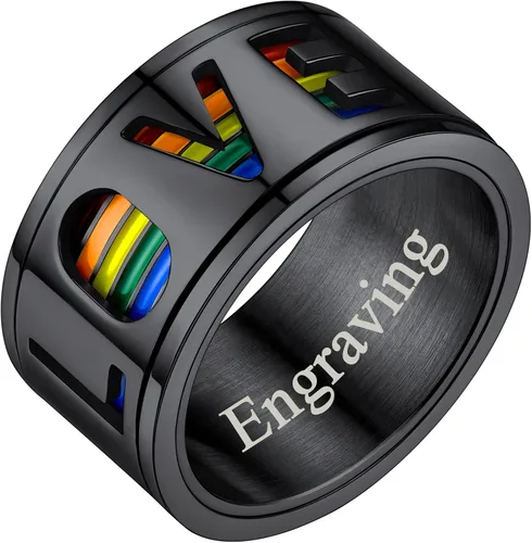 Vista 9 de FaithHeart Anillos para ansiedad LGBT Pride Rainbow, acero inoxidable/chapado en oro de 18 quilates, joyería de amor es amor para hombres y mujeres