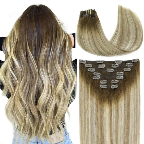 Vista 25 de VINBAO Extensiones de cabello humano con clip, balayage, color marrón ceniza a rubio caramelo, 14 pulgadas, 6 unidades, 3.53 onzas, 6