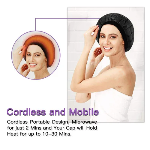Vista 4 de Gorro térmico de acondicionamiento profundo, sin cordón, 100% algodón natural, semillas de linaza, tratamiento interior de microondas, tapa caliente