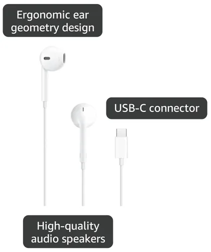 Vista 3 de [Usado] Apple Auriculares EarPods con enchufe USB-C, auriculares con cable con control remoto integrado para controlar la música, llamadas