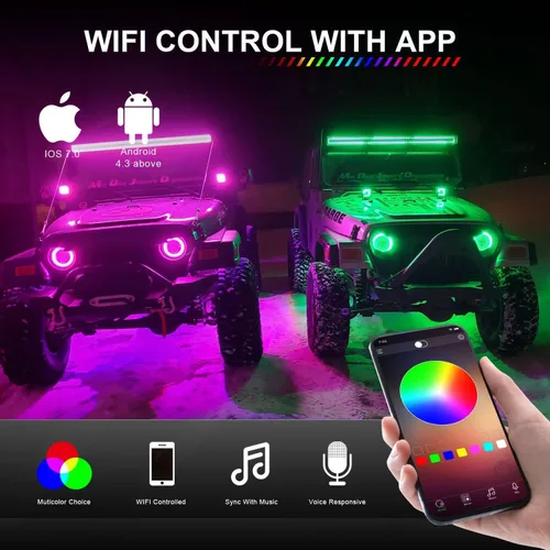 Vista 6 de Barra de luz LED RGBW de 52 pulgadas, 300W, combo de inundación y foco, 2 módulos LED RGB de inundación de 4 pulgadas con 16 colores sólidos, anillo