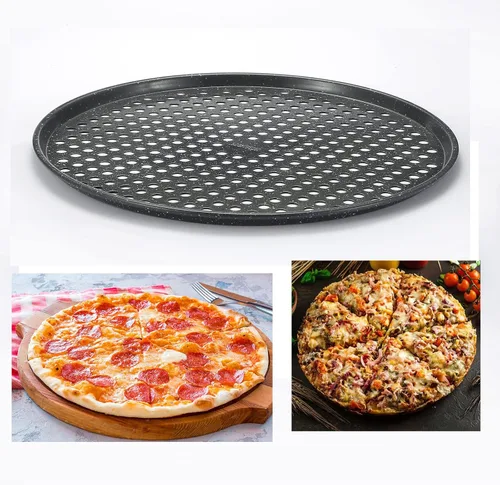 Vista 3 de Monfish Sartén para pizza de 14 pulgadas con agujeros, paquete de 2 bandejas de pizza perforadas, bandeja para pizza de acero al carbono, sartén