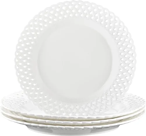 Vista 13 de Juego de 4 platos de cena de 10 pulgadas con borde de encaje, nuevos platos redondos de porcelana color hueso con diseño único de ahuecamiento