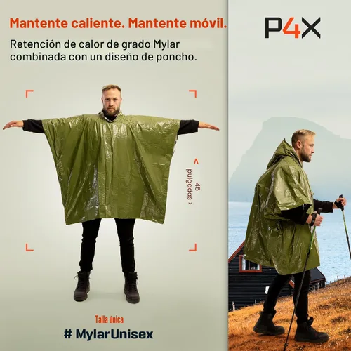 Vista 2 de PREPARED4X Poncho de emergencia Mylar – Poncho de lluvia de supervivencia con capucha – Ligero, compacto, reutilizable, manta de emergencia Poncho