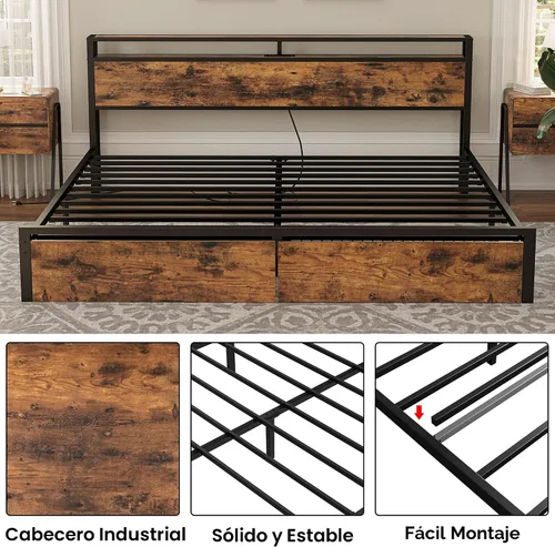 Vista 5 de LIKIMIO Marco de cama King con cabecera de almacenamiento, cama de plataforma con cajones y estación de carga, no necesita somier, fácil montaje