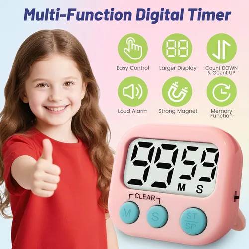 Vista 3 de Temporizador digital de 2 piezas para niños, temporizador de cocina magnético de cuenta regresiva, temporizadores de alarma fuertes mejorados