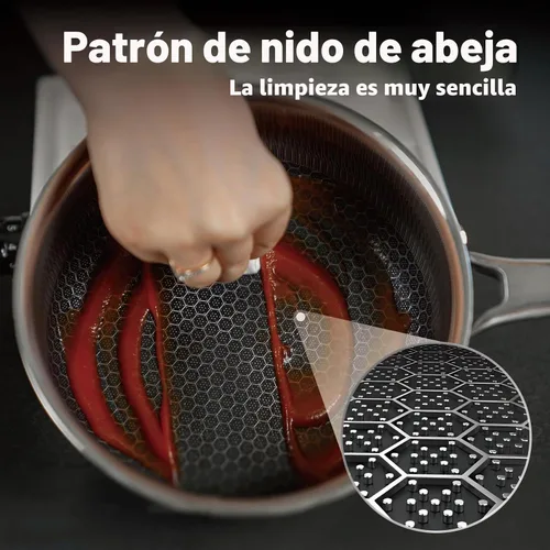 Vista 3 de Cacerola híbrida antiadherente de 1.5 cuartos de galón con tapa, olla de panal de acero inoxidable con dos boquillas de vertido, compatible