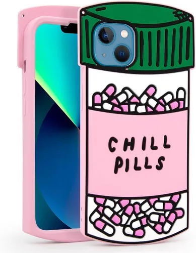 Vista 11 de Dumkery Funda para iPhone 13 Pro Max con pastillas para enfriar, iPhone 14 Pro Max, botella de cápsula para iPhone 15 Pro Max 3D de dibujos animados