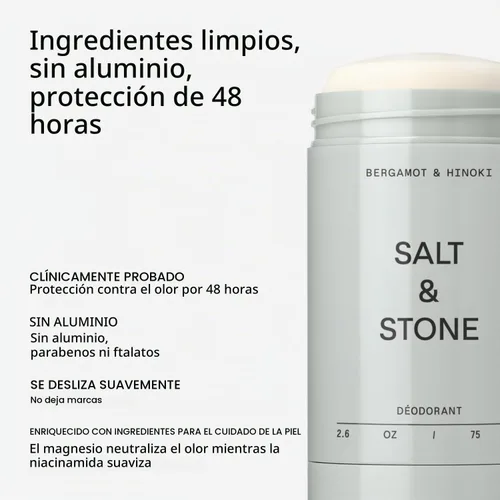 Vista 2 de Salt & Stone Aluminum-Free Deodorant, Women & Men Bergamot & Hinoki 2.6 oz Protección extra fuerte de 48 horas, aroma neutro de género, fabricado