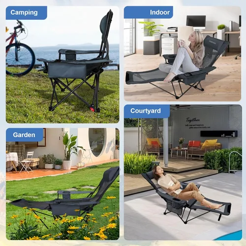 Vista 8 de Paquete de 2 sillas reclinables de camping de 4 posiciones con reposapiés, cómoda para adultos, silla de playa plegable de malla de 265 libras