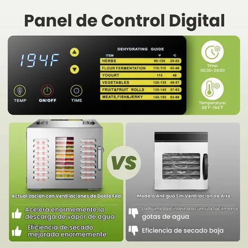 Vista 7 de Máquina deshidratadora de alimentos de 10 bandejas comerciales para cecina y hierbas, área utilizable de hasta 24.65 pies² y temperatura de 194℉