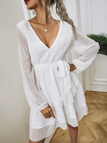 Vista 5 de MakeMeChic Vestido de manga obispo con cinturón de punto suizo para mujer