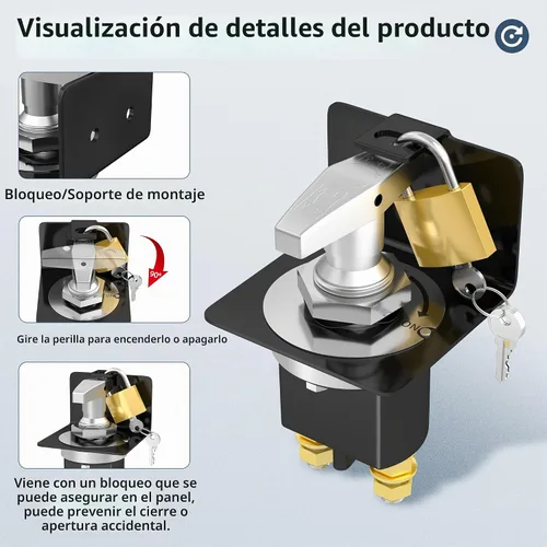 Vista 3 de Joinfworld Interruptor de Desconexión de Batería de 500A 12V 36V Resistente con Placa de Bloqueo, Interruptor de Corte de Batería de Alta Corriente