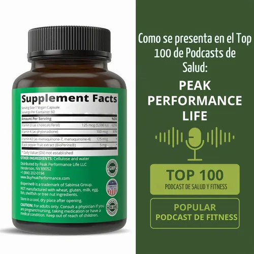 Vista 6 de Peak Performance Vitamina D avanzada de 5000 UI con los 3 tipos de vitamina K, vitamina D3 y vitamina K2, K1, MK-7 (MK7), suplemento MK4. 60