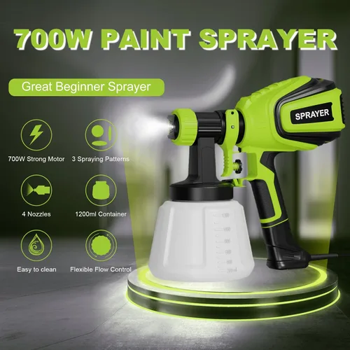 Vista 2 de Pulverizador de pintura de 700 W, pistola eléctrica HVLP de pintura, con 4 boquillas y 3 patrones de limpieza y juntas de soplado, fácil de limpiar