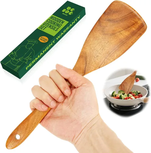 Vista 8 de Bkiok Cuchara de madera para cocinar, juego de utensilios de cocina de madera de teca hechos a mano, espátula plana y espátula ranurada