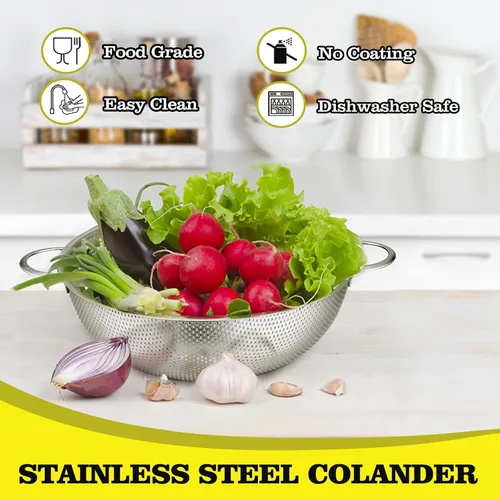 Vista 2 de P&P CHEF Colador de acero inoxidable, colador de alimentos microperforado con asa para lavar y drenar, ideal para pasta, frutas, verduras, apto