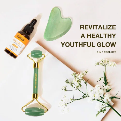 Vista 11 de NEUTRIHERBS Jade Gua Sha y rodillo facial y suero de vitamina C Set de herramientas faciales (kit 3 en 1), masajeador facial casero para arrugas