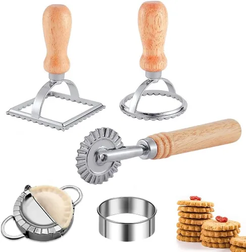 Vista 8 de Juego de ruedas de corte de raviolis de 5 piezas, fabricantes de raviolis con rodillo, juego de cortador de sellos de raviolis con mango de madera
