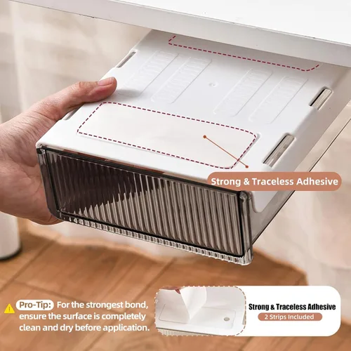 Vista 2 de 2 piezas de cajones de almacenamiento debajo del escritorio deslizables, grandes y medianos, organizador de cajones de escritorio adhesivo oculto