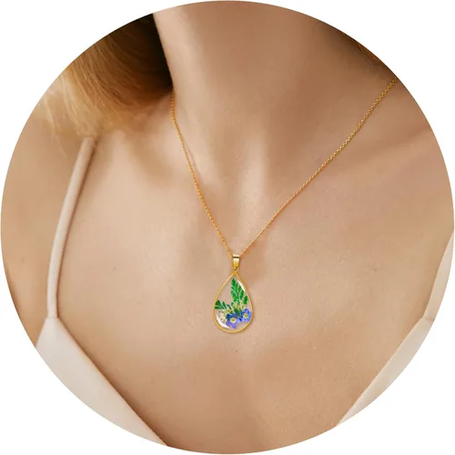 Vista 54 de Collar de flores silvestres prensadas con encaje de Forget-Me-Not y Queen Anne Collar de flores prensadas de oro Collares hechos a mano