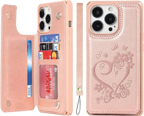 Vista 23 de iCoverCase Funda de billetera compatible con iPhone 13 Pro Max con tarjetero para mujer, cuero PU en relieve con bloqueo RFID y correa de muñeca