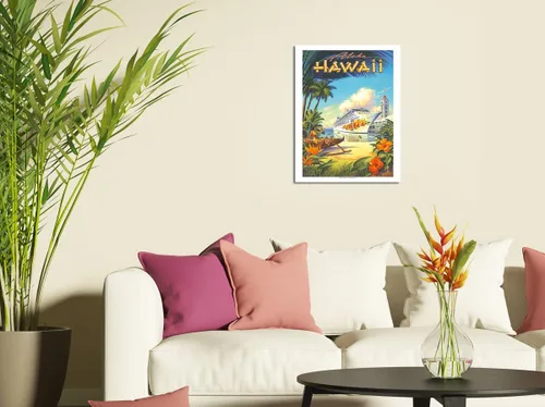 Vista 3 de Pride of Hawaii Cruise Ship - Aloha Towers Honolulu Harbor - Póster de viaje hawaiano vintage por Kerne Erickson - Impresión artística maestra