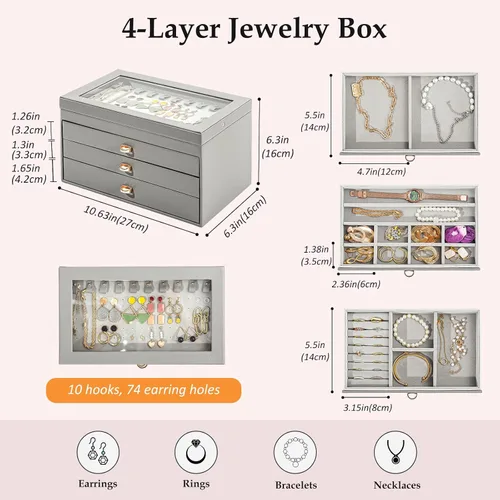 Vista 4 de ProCase Joyero para mujeres y niñas, caja organizadora de joyas grande de 4 capas con tapa de cristal, regalo de San Valentín, organizador de joyas