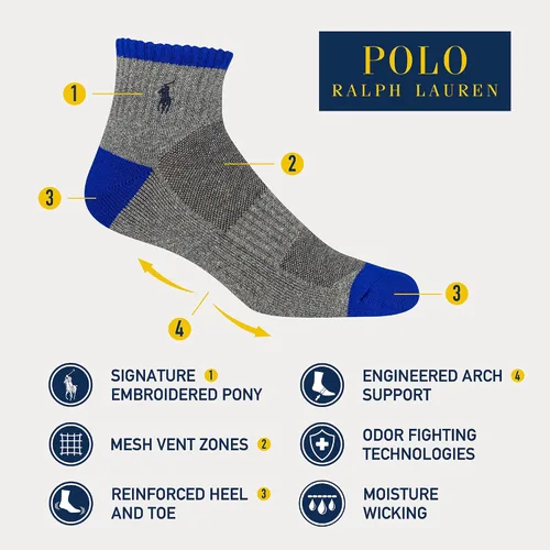 Vista 2 de Polo Ralph Lauren Men's Athletic Performance Cotton Ankle Socks-6 Pair Pack-Breathable Mesh & Sport Moisture Wicking