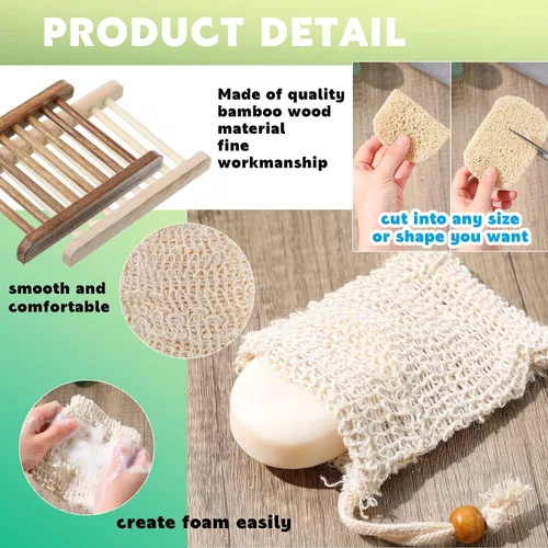 Vista 3 de Juego de 60 piezas de protector de jabón que incluye plato de madera, bolsa exfoliante, almohadillas protectoras a granel con autodrenaje, bolsa