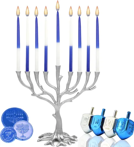 Vista 2 de The Dreidel Company Paquete de 10 velas cónicas de menorá de Hanukkah de lujo, 1 hora de tiempo de combustión, media y media azul marino y blanco