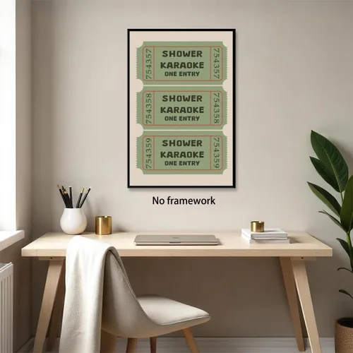 Vista 6 de Divertido arte de pared para baño, vintage, ducha, karaoke, boletos, impresión en lienzo, cuadro de signo de baño funk, imagen verde salvia
