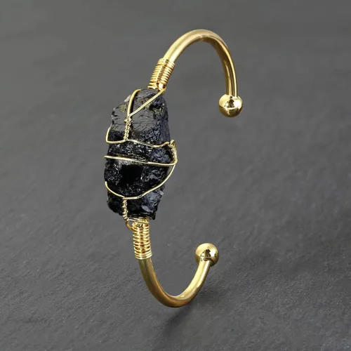 Vista 2 de Top Plaza Brazalete dorado para mujer, pulsera de piedras preciosas envueltas en cristal curativo natural, Piedra Cristal Gema Metal