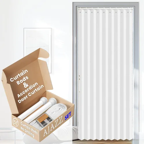 Vista 12 de AJAZZ Conjunto: Barras para cortinas sin perforación (28-39" de ancho) y cortina acordeón para puerta, beige 43" de ancho × 78" de largo, puertas